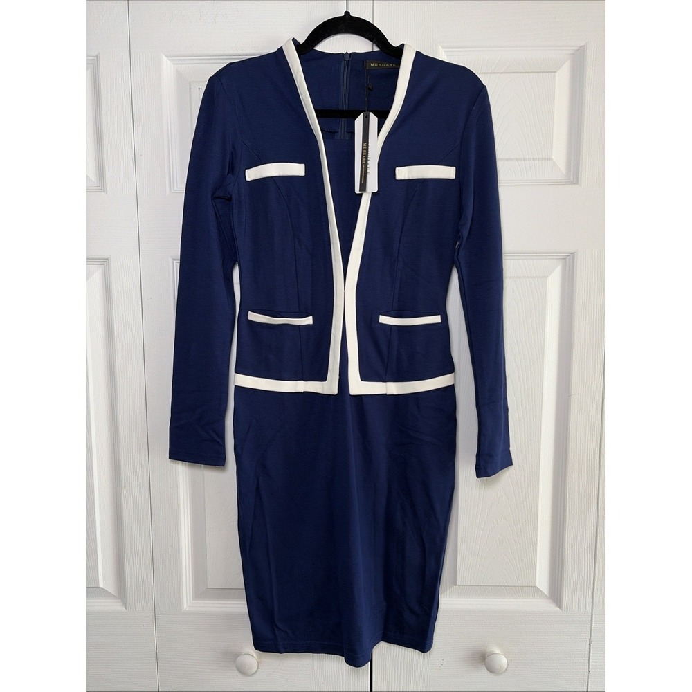 Mushare Sheath Dress Womens Blue White Contrast Office Size Small Academia Chic
